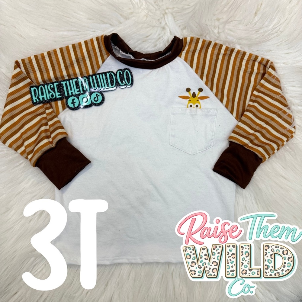Upcycle handmade White and Brown Giraffe Kids Long Sleeve Tee
